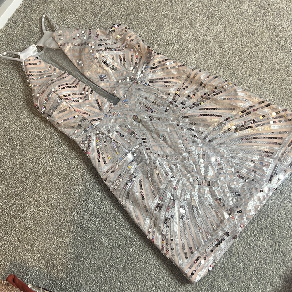 Silver sequin nude lined dress open back